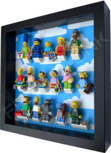 FRAME PUNK display frame compatible with LEGO The Simpsons Minifigures Series 1 & 2 - Clouds (black) with Series 1 minifigures. Side view