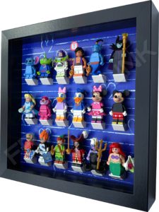 FRAMEPUNK black display frame compatible with LEGO Disney Minifigures Series 1 (Heart) Side View with minifigures
