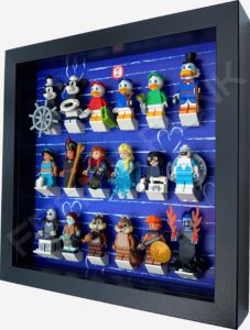 FRAMEPUNK black display frame compatible with LEGO Disney Minifigures Series 2 (Heart) Side View with minifigures