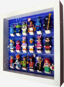 FRAMEPUNK white display frame compatible with LEGO Disney Minifigures Series 1 (Heart) Side View with minifigures