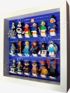 FRAMEPUNK white display frame compatible with LEGO Disney Minifigures Series 2 (Heart) Side View with minifigures