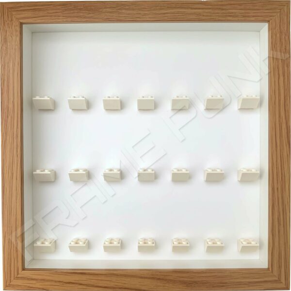 FRAMEPUNK white background and mounts display frame compatible with 21 Lego minifigures (Oak)