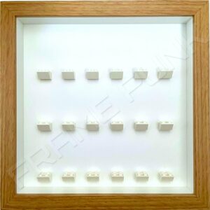 FRAMEPUNK white background and white mounts display frame compatible with 18 Lego minifigures (Oak)