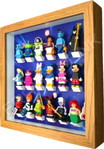 FRAMEPUNK Lego Disney Minifigures Series 1 Display Frame (Oak Starry) Side view with minifigures