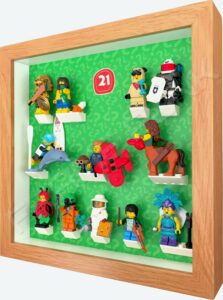 FRAMEPUNK Lego Minifigures Series 21 Display Frame (Oak) with minifigures - Side view
