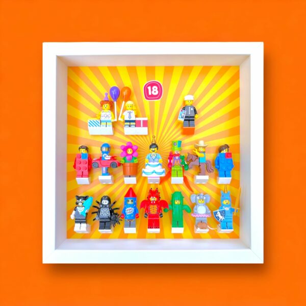 FRAMEPUNK Lego Minifigures Series 18 Display, white frame, showing minifigures