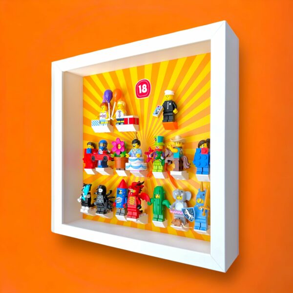 FRAMEPUNK Lego Minifigures Series 18 Display, white frame, showing minifigures, side view