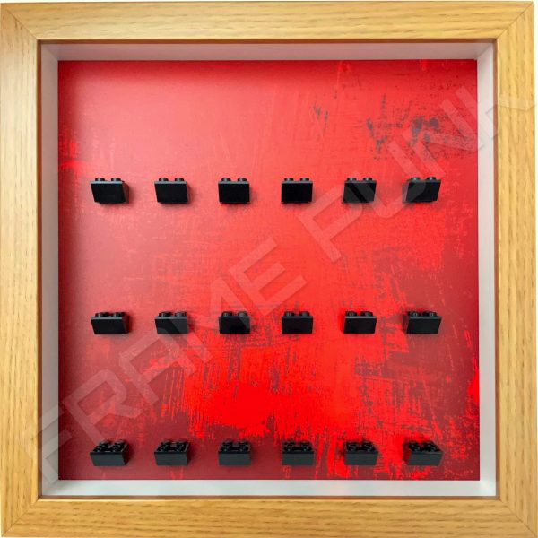 FRAMEPUNK dramatic red background and black mounts display frame compatible with 18 Lego minifigures (Oak)