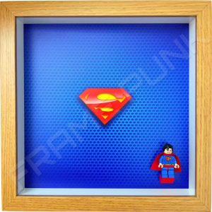 FRAMEPUNK superhero display compatible with single LEGO Superman minifigure (Oak) displaying minifigure