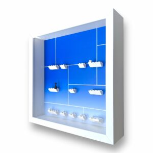 FRAMEPUNK Lego Marvel Studios Minifigures Series Display, white frame, side view