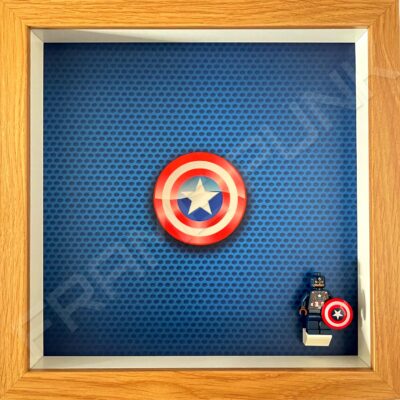 FRAMEPUNK superhero display compatible with single LEGO Captain America minifigure (Oak) with minifigure