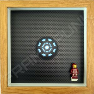 FRAMEPUNK superhero display compatible with single LEGO Iron Man minifigure (Oak) with minifigure