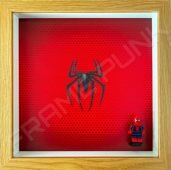 FRAMEPUNK superhero display compatible with single LEGO Spiderman minifigure (Oak) with minifigure
