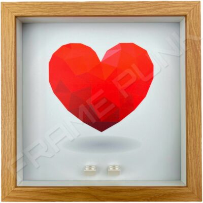 FRAMEPUNK Heart:Love background and white brick mounts display frame compatible with 2 Lego minifigures