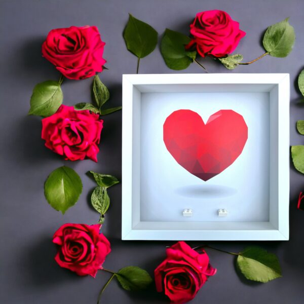 FRAMEPUNK Heart:Love background and white brick mounts display frame compatible with 2 Lego minifigures, white frame