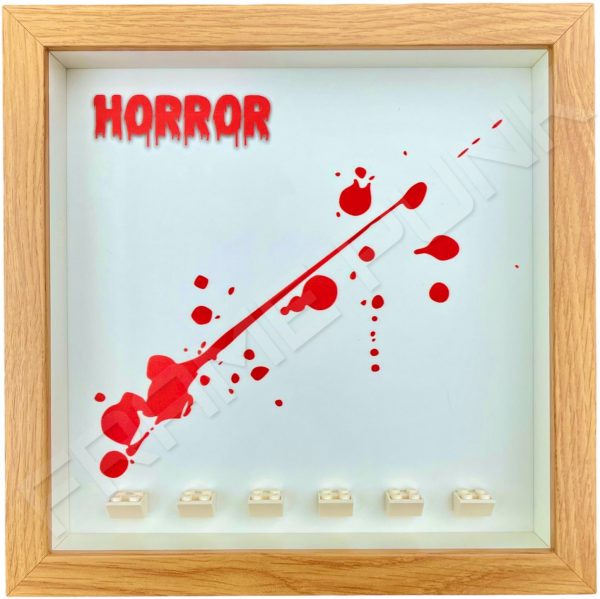 FRAMEPUNK Horror background and white brick mounts display frame compatible with 6 Lego minifigures