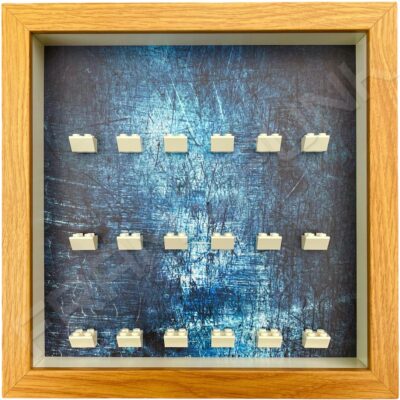 FRAMEPUNK Scratched Steel background and white brick mounts display frame compatible with 18 Lego minifigures