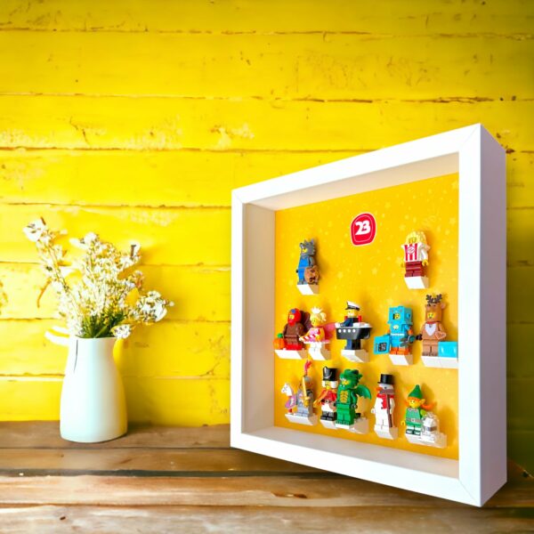 FRAMEPUNK Lego Minifigures Series 23 Display, white frame with minifigures. Lifestyle image