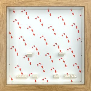 FRAMEPUNK Candy Cane Christmas background and white brick mounts display frame compatible with 6 Lego minifigures