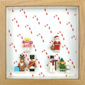 FRAMEPUNK Candy Cane Christmas background and white brick mounts display frame compatible with 6 Lego minifigures - with minifigures