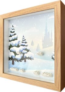 FRAMEPUNK Festive Christmas background and white brick mounts display frame compatible with 6 Lego minifigures - Side view