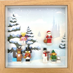 FRAMEPUNK Festive Christmas background and white brick mounts display frame compatible with 6 Lego minifigures - with minifigures