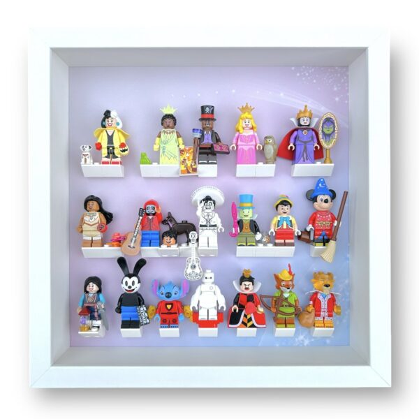 FRAMEPUNK Lego Disney 100 Minifigures Series 3 Display White Frame with minifigures on show