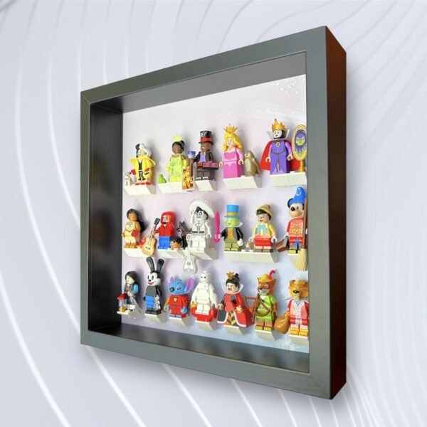 FRAMEPUNK Lego Disney 100 Minifigures Series 3 Display, black frame with minifigures, side view