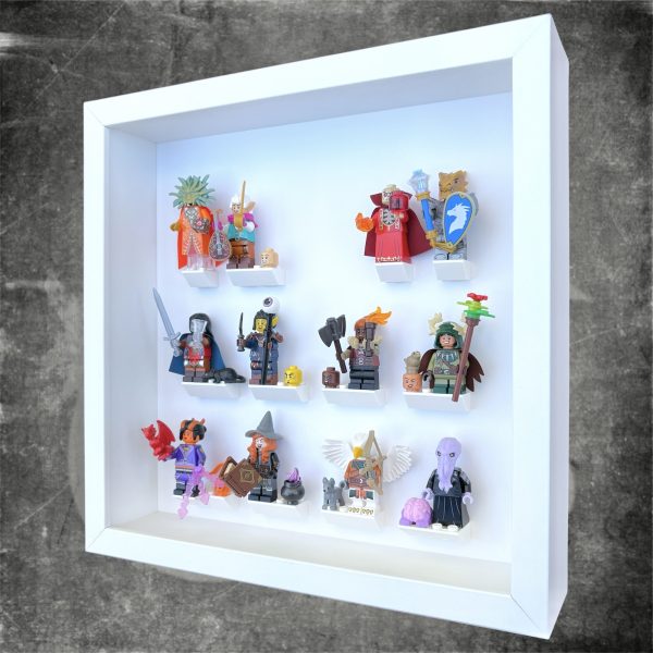 FRAMEPUNK LEGO Minifigure Display for LEGO Dungeons and Dragons Minifigures Series white display, white frame. Side view. Showing minifigures