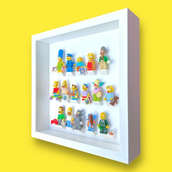 FRAMEPUNK LEGO The Simpsons Minifigures Series 1 white display, white frame, side view, showing minifigures