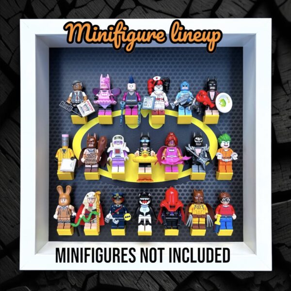 FRAMEPUNK LEGO Batman Movie Minifigures Series 1 or 2 Display Frame (White), showing lineup for series 1