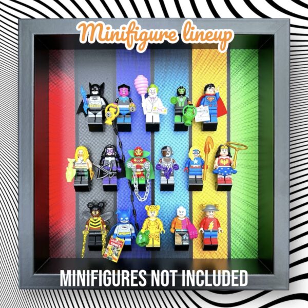 FRAMEPUNK LEGO DC Minifigures Series Display Frame (Black), showing lineup for series