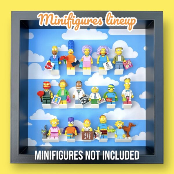 FRAMEPUNK LEGO The Simpsons Minifigures Series 1 or 2 Display Frame (Clouds:Black), showing lineup for series 2