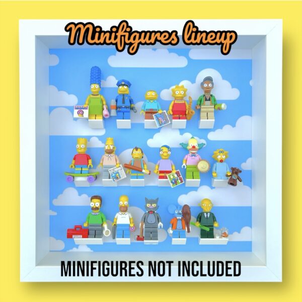 FRAMEPUNK LEGO The Simpsons Minifigures Series 1 or 2 Display Frame (Clouds/White), showing lineup for series 1