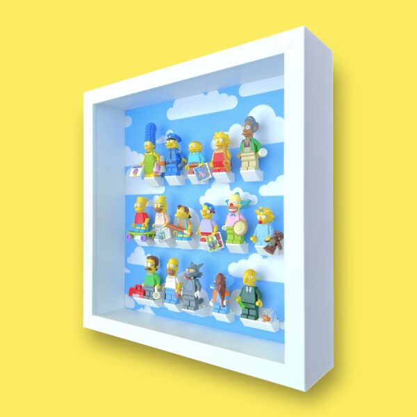 FRAMEPUNK LEGO The Simpsons Minifigures Series 1 or 2 Display Frame (Clouds/White), showing lineup for series 1, side view