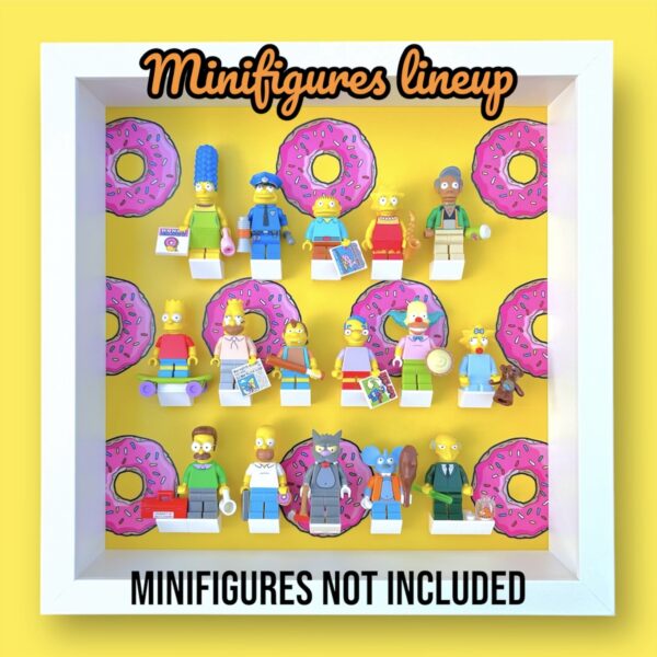 FRAMEPUNK LEGO The Simpsons Minifigures Series 1 or 2 Display Frame (Donuts/White), showing lineup for series 1