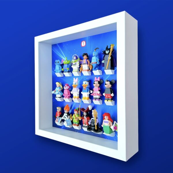 FRAMEPUNK Lego Disney Minifigures Series 1 Display White Frame With Minifigures Side View