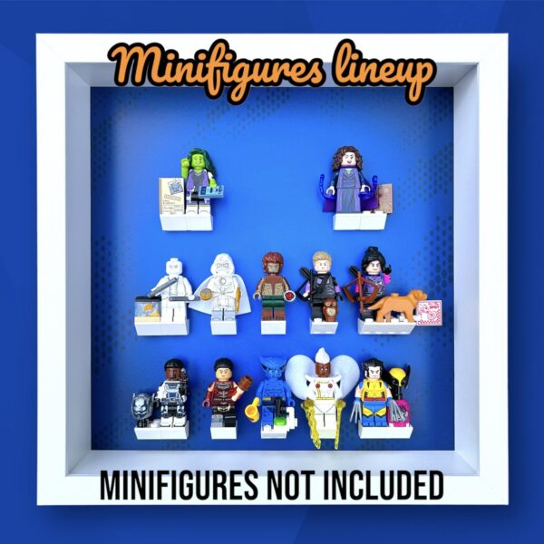 FRAMEPUNK Lego Marvel Studios Minifigures Series 2 Display White Frame with minifigures on show