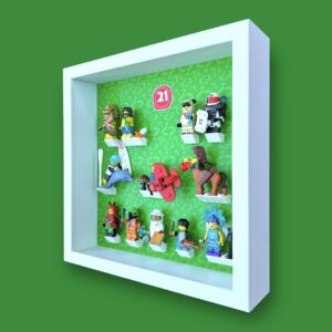 FRAMEPUNK LEGO Minifigures Series 21 Display with minifigures lineup, side view, White Frame