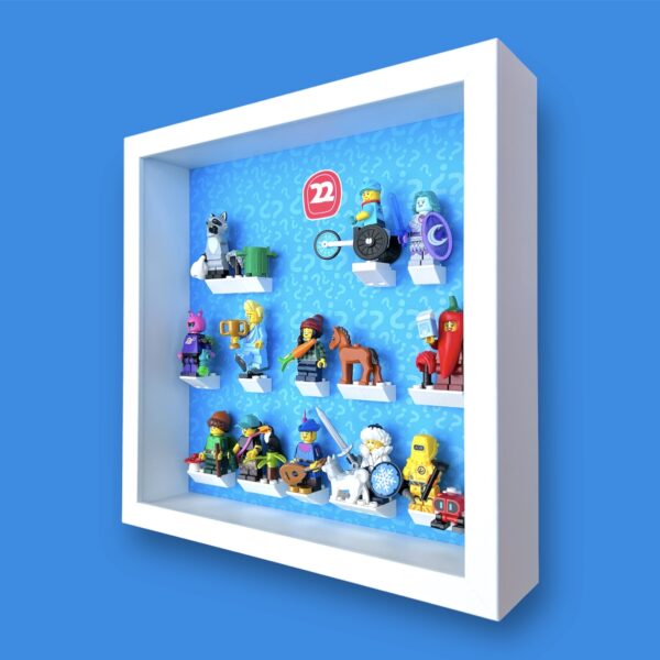 FRAMEPUNK LEGO Minifigures Series 22 Display with minifigures lineup, side view, White Frame