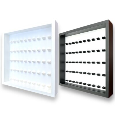LEGO minifigures display frame case for 50 minifigures, white and black frames with white bricks and black bricks, side view