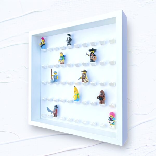 LEGO minifigures display frame case for 50 minifigures, white frame and white bricks, showing minifigures, side view