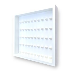 LEGO minifigures display frame case for 50 minifigures, white frame and white bricks, side view