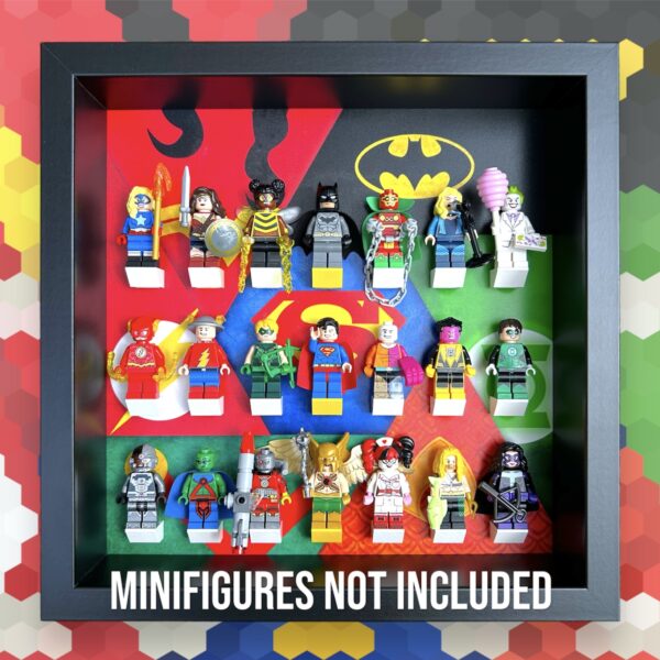 FRAMEPUNK LEGO DC superheroes theme Minifigures Display Frame (Black), showing DC minifigures