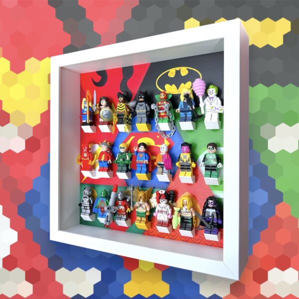 FRAMEPUNK LEGO DC superheroes theme Minifigures Display Frame (White), showing DC minifigures, side view