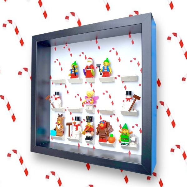 FRAMEPUNK Candy Cane Christmas LEGO minifigure display with white brick mounts. Compatible with Christmas LEGO minifigures. Black case. Showing a selection of Christmas LEGO minifigures. Side view