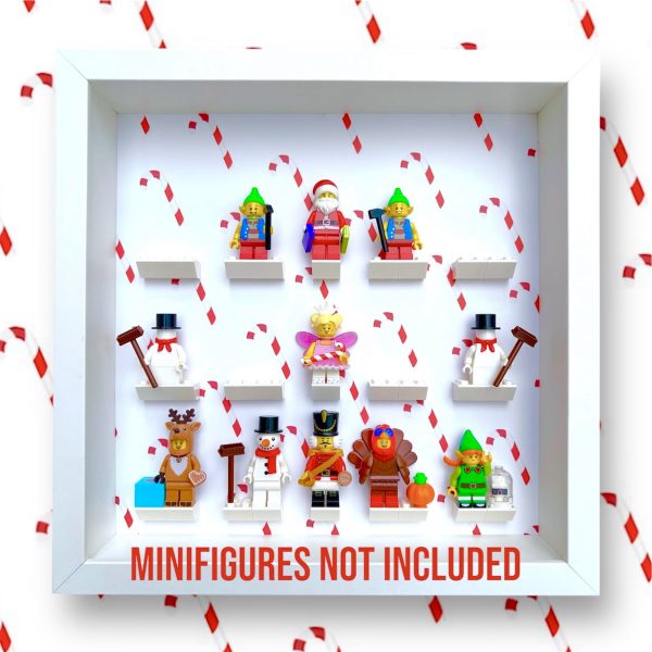 FRAMEPUNK Candy Cane Christmas LEGO minifigure display with white brick mounts. Compatible with Christmas LEGO minifigures. White case. Showing a selection of Christmas LEGO minifigures