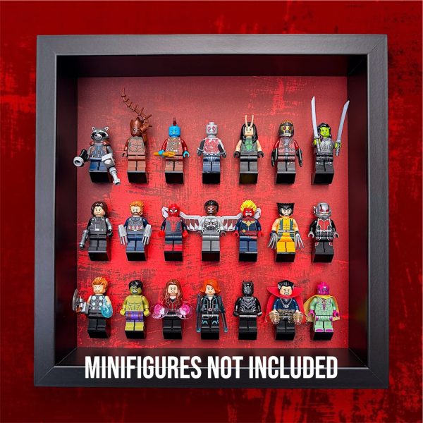 FRAMEPUNK Red Splatter LEGO minifigure display with black brick mounts. Compatible with 21 LEGO minifigures. Black case. Showing assorted LEGO superhero minifigures