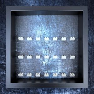 FRAMEPUNK Scratched Steel LEGO minifigure display with white brick mounts. Compatible with 21 LEGO minifigures. Black case. Placed on a Steel background