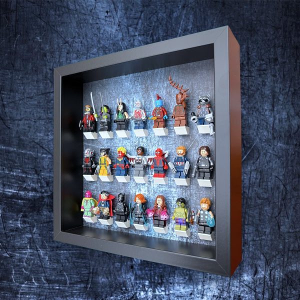 FRAMEPUNK Scratched Steel LEGO minifigure display with white brick mounts. Compatible with 21 LEGO minifigures. Black case. Showing assorted LEGO superhero minifigures. Side view